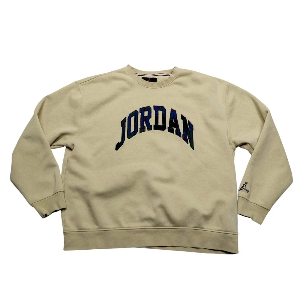 Jordan Sweatshirt Mens XL Beige Crewneck Fleece JORDAN Plaid Applique Jumpman